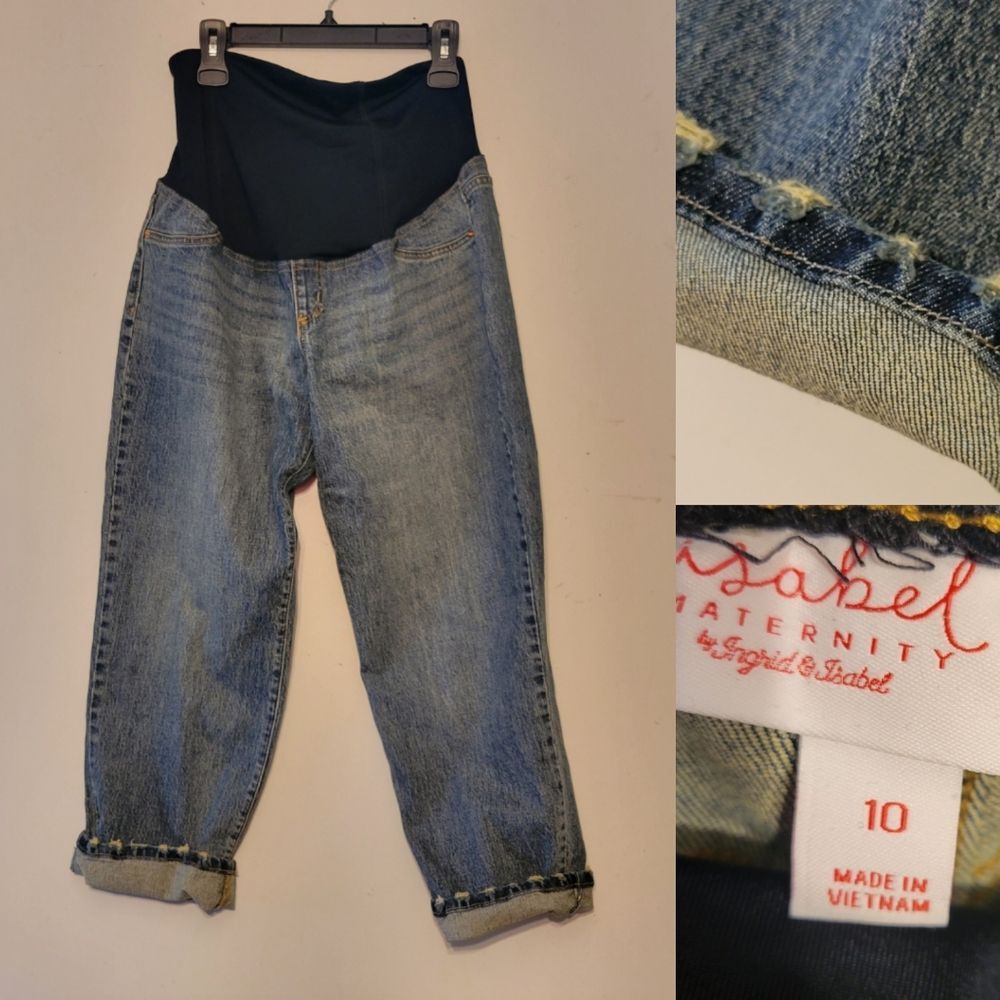 10 INGRID & ISABEL MATERNITY DISTRESSED STRAIGHT LEG ROLL UP LOOSE FIT JEANS L X